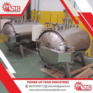 Mesin Sterilisasi Makanan 1500 Liter SUS304 Autoclave Retort Kapasitas Besar Otomatis 10 Bar Design 12 Bar Test Paket Instalasi Perizinan Area Medan Samarinda Makassar